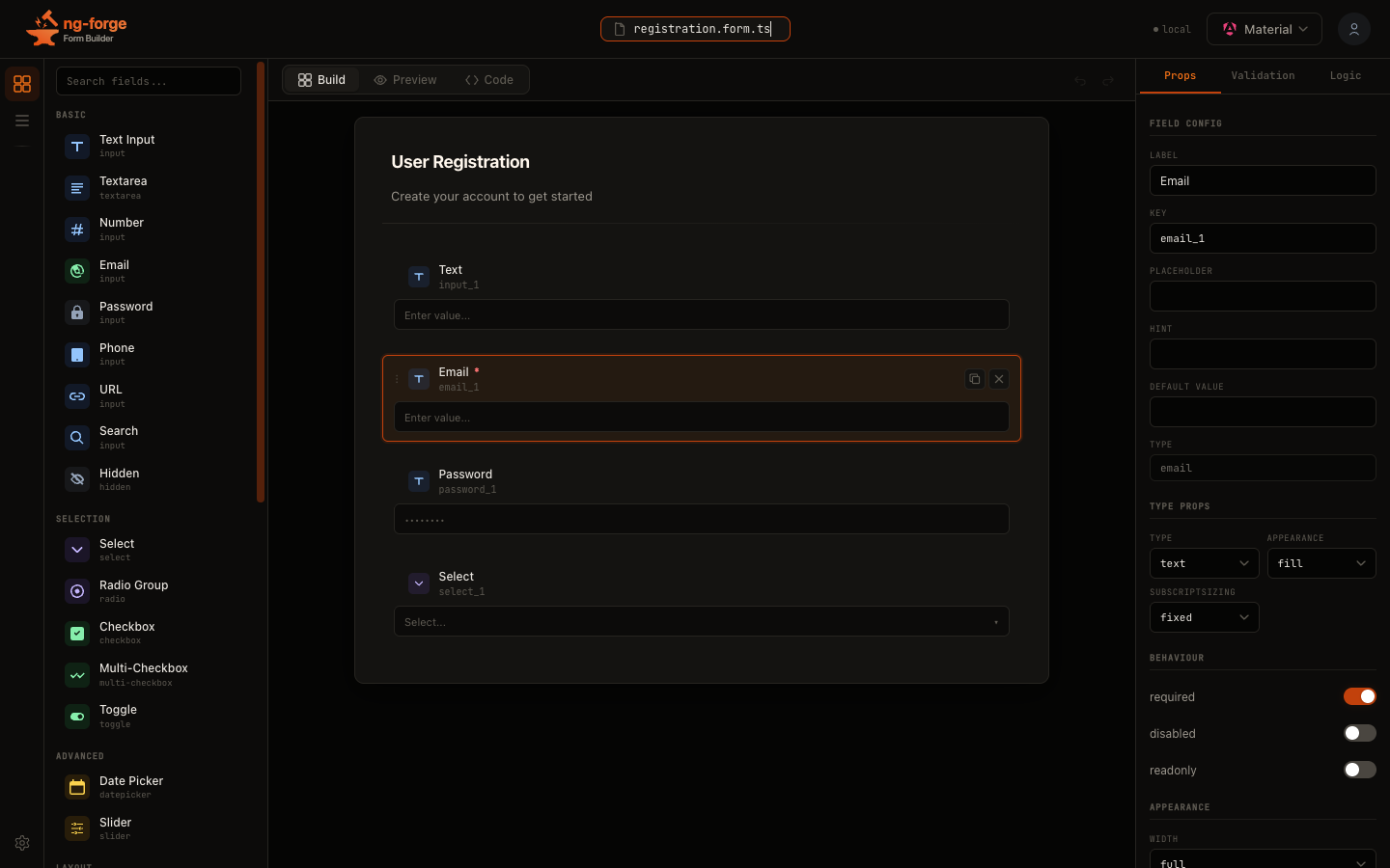 ng-forge Form Builder — visual drag-and-drop form editor with field palette, canvas, and properties panel